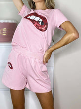 Load image into Gallery viewer, Lip Print Round Neck Short Sleeve Top Shorts Suit