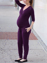 Load image into Gallery viewer, Maternity V-neck Long-sleeved Trousers Solid Color Jumpsuit