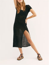 Load image into Gallery viewer, Pure Color Round Neck Short Sleeve Slim Split Maxi Dress
