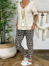 Load image into Gallery viewer, V-neck Lace Top Leopard Pants Casual Suit