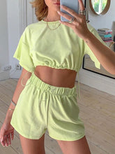 Load image into Gallery viewer, Casual Solid Color Drawstring Short Sleeve Two-piece Suit