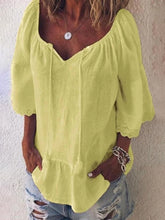 Load image into Gallery viewer, V Neck Solid Cutout Lace Paneled Tassel Blouses