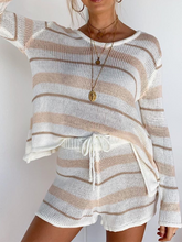 Load image into Gallery viewer, Casual Loose Stripe Long Sleeve Top Shorts Two-Piece Suit