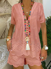 Load image into Gallery viewer, Fashionable Solid Color Hollow Short Sleeve Casual Suit