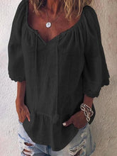 Load image into Gallery viewer, V Neck Solid Cutout Lace Paneled Tassel Blouses