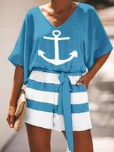 Load image into Gallery viewer, Casual Loose V-Neck Top Striped Shorts Suit