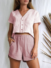 Load image into Gallery viewer, V-Neck Button Short Sleeve Top Linen Shorts Women's Suit Two-Piece