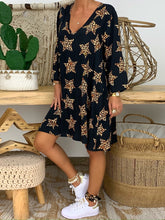 Load image into Gallery viewer, V-neck Long Sleeve Star Print Midi Dress