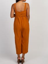 Load image into Gallery viewer, Camel Solid Color Self Tie Sleeveless Maternity Jumpsuit