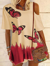 Load image into Gallery viewer, Print Cold Shoulder Short Sleeves Casual Blouses