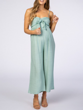 Load image into Gallery viewer, Mint Tie Front Crochet Trim Cropped Pregnant Maternity Jumpsuit