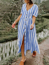Load image into Gallery viewer, Short Sleeve Button V-neck Stripe Dress
