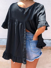 Load image into Gallery viewer, Pure Color Round Neck Ruffled Casual Loose Top with Split Hem