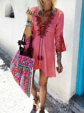 Load image into Gallery viewer, Vintage Bohemian Loose V-Neck Mini Dress