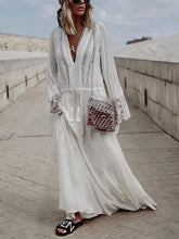 Load image into Gallery viewer, Lace Stitching V-Neck Solid Color Long-Sleeved Dress