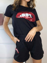 Load image into Gallery viewer, Lip Print Round Neck Short Sleeve Top Shorts Suit