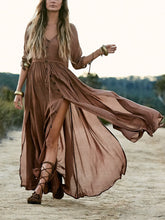 Load image into Gallery viewer, Vintage V-neck Button High Waist Split Maxi Dress