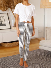 Load image into Gallery viewer, Round Neck Short-sleeved Top Striped Trousers Two-piece Suit