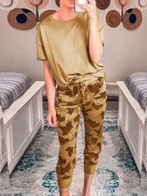 Load image into Gallery viewer, Solid Color Round Neck T-Shirt and Drawstring Camouflage Lounge Pants Set