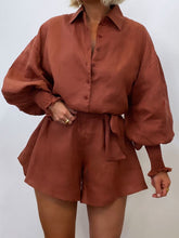 Load image into Gallery viewer, Casual Solid Color Lapel Puff Sleeve Tie Jumpsuit