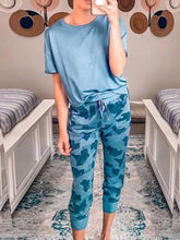 Load image into Gallery viewer, Solid Color Round Neck T-Shirt and Drawstring Camouflage Lounge Pants Set
