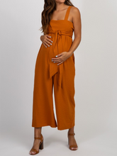 Load image into Gallery viewer, Camel Solid Color Self Tie Sleeveless Maternity Jumpsuit