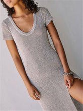 Load image into Gallery viewer, Pure Color Round Neck Short Sleeve Slim Split Maxi Dress