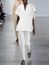 Load image into Gallery viewer, Solid Color V-neck Bat Short-sleeved Top and Pants Two-piece Suit