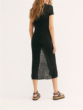 Load image into Gallery viewer, Pure Color Round Neck Short Sleeve Slim Split Maxi Dress
