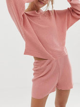 Load image into Gallery viewer, Mix Match Knitted Rib Off Shoulder Long Sleeve Top Shorts Two-Piece