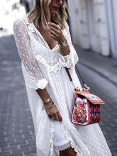 Load image into Gallery viewer, Lace Stitching V-Neck Polka Dot Long Sleeve Dress