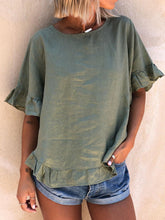 Load image into Gallery viewer, Pure Color Round Neck Ruffled Casual Loose Top with Split Hem
