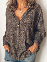 Load image into Gallery viewer, Leopard Print Long Sleeve Cotton-Blend V Neck Casual Tops&Blouse