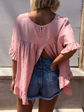 Load image into Gallery viewer, Pure Color Round Neck Ruffled Casual Loose Top with Split Hem