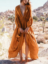 Load image into Gallery viewer, Retro Loose Long Sleeve V-neck Drawstring Casual Dress