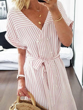 Load image into Gallery viewer, Casual V-neck Striped Double-breasted Dress