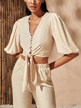 Load image into Gallery viewer, Women's Neckline Knotted Crop Top and Loose Trouser Suits