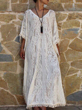 Load image into Gallery viewer, Loose Flower Embroidered Maxi Dress with Tassel Decoration