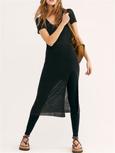 Load image into Gallery viewer, Pure Color Round Neck Short Sleeve Slim Split Maxi Dress