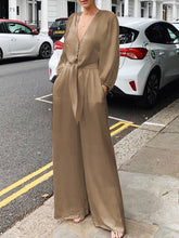 Load image into Gallery viewer, Casual Solid Color Long Sleeve V-neck Strappy Jumpsuit