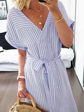 Load image into Gallery viewer, Casual V-neck Striped Double-breasted Dress