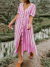 Load image into Gallery viewer, Short Sleeve Button V-neck Stripe Dress