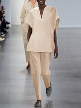 Load image into Gallery viewer, Solid Color V-neck Bat Short-sleeved Top and Pants Two-piece Suit