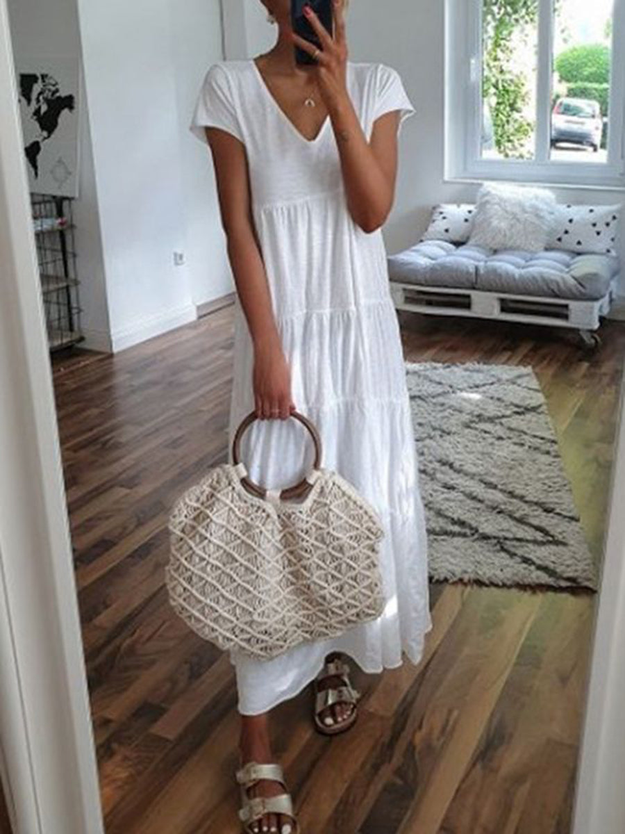 Ruffled Short Sleeve Solid Color Casual Dress