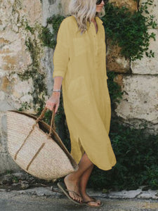 Casual Cotton and Linen Long Sleeve Button Dress