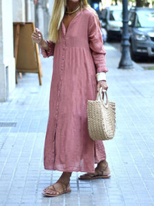 Retro Long Sleeve Loose High Waist Button Casual Dress