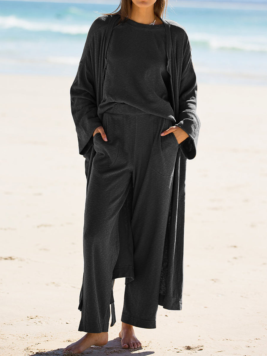 Pure Color Long Cardigan Tops Loose Trousers Three-piece Suit