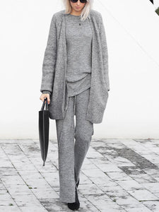 Solid Color Knitted Long-sleeved Outwear and Trousers Three-piece Set
