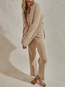 Simple Casual Loose V Neck Top Pants Knit Suit