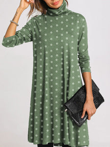 Simple Casual Loose High Neck Long Sleeve Polka Dot Dress